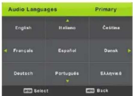 Audio Languages Primary English Italiano Čeština Français Español Dansk Deutsch Português EALnyváčé ONJ Select MENU Back