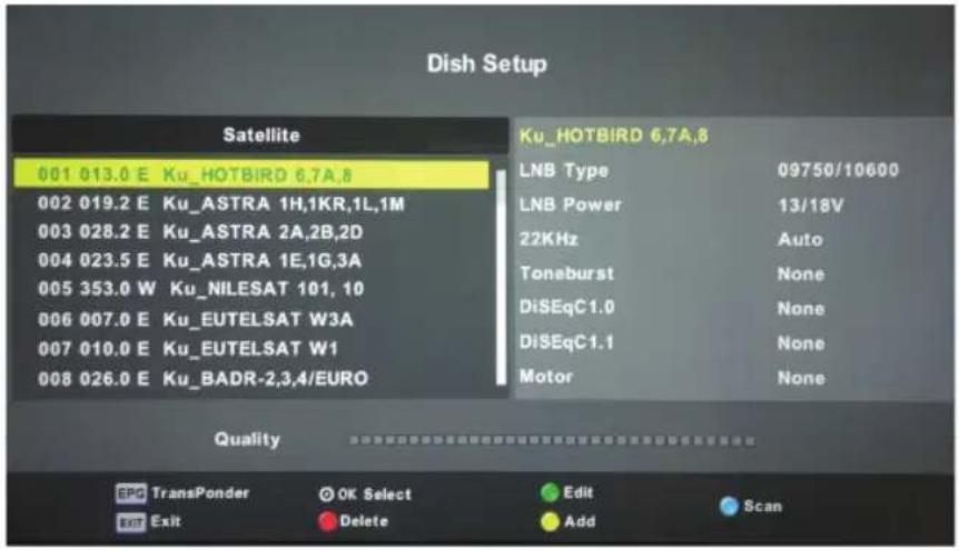 Dish Setup Satellite 001 013.0 E Ku_HOTBIRD 6.7A.8 002 019.2 E Ku_ASTRA 1H,1KR,1L,1M 003 028.2 E Ku_ASTRA 2A,2B,2D 004 023.5 E Ku_ASTRA 1E,1G,3A 005 353.0 W Ku_NILESAT 101, 10 006 007.0 E Ku_EUTELSAT W3A 007 010.0 E Ku_EUTELSAT W1 008 026.0 E Ku_BADR-2,3,4/EURO Ku_HOTBIRD 6.7A.8 LNB Type 09750/10600 LNB Power 13/18V 22KHz Auto Toneburst None DiSEqC1.0 None DiSEqC1.1 None Motor None Quality EPC TransPonder OK Select Edit Scan OK Exit Delete Add