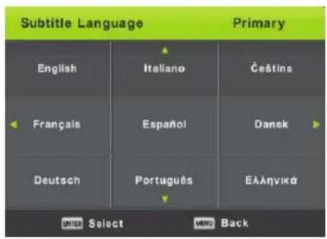 Subtitle Language Primary English Italiano Čeština Français Español Dansk Deutsch Português Eäληνικά ENTER Select MENO Back
