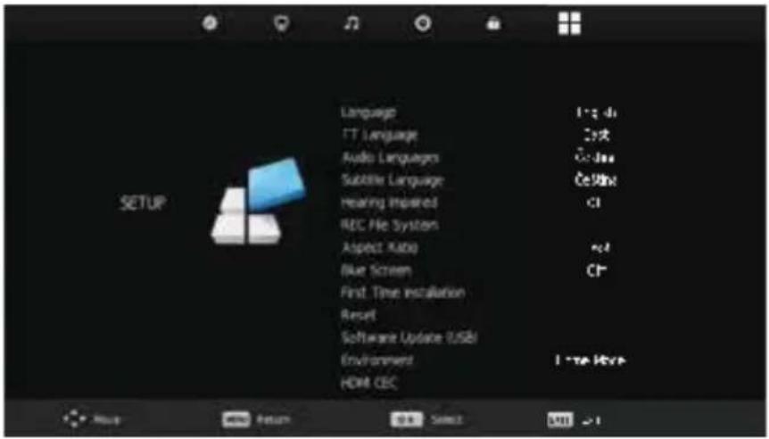SETUP Language TT Language Audio Languages Subtle Language Hearing Impaired REC File System Aspect Ratio Blue Screen First Time Installation Reset Software Update USB Environment HDMI CEC L: 40 C++ 2.5 C++ 1.5 CI Ctrl I *te Hsrv OK Save Add Save Print >1