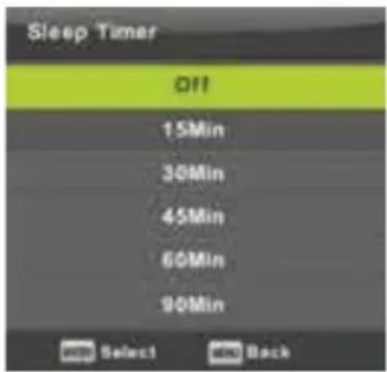 Sleep Timer Off 15Min 30Min 45Min 60Min 90Min Select Back