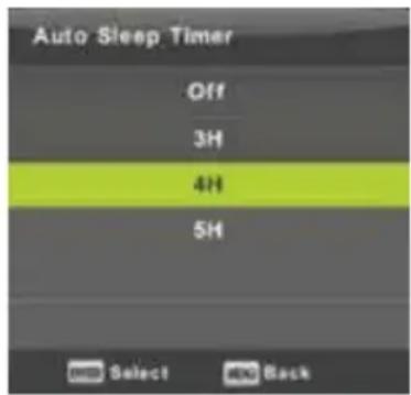 Auto Sleep Timer Off 3H 4H 5H Select Back