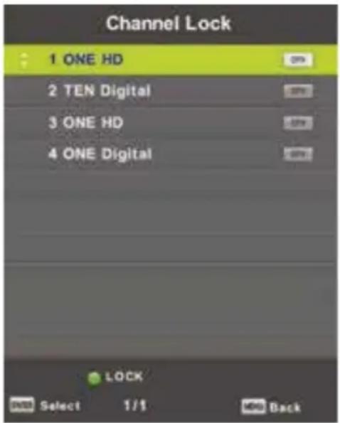 Channel Lock 1 ONE HD 2 TEN Digital 3 ONE HD 4 ONE Digital LOCK Select 1/1 Back