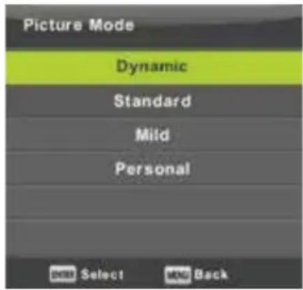 Picture Mode Dynamic Standard Mild Personal Select Back
