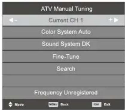 ATV Manual Tuning Current CH 1 Color System Auto Sound System DK Fine-Tune Search Frequency Unregistered Move MENU Back Exit Exit