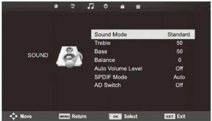 Sound Mode Standard Treble 50 Bass 50 Balance 0 Auto Volume Level Off SPDIF Mode Auto AD Switch Off Move MENU Return OK Select EXIT Exit