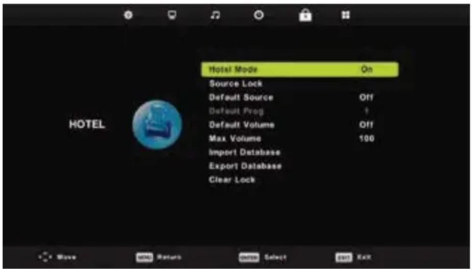 Hotel Mode On Source Lock Default Source Off Default Prog Default Volume Off Max Volume 100 Import Database Export Database Clear Lock