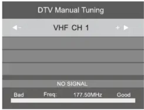 DTV Manual Tuning VHF CH 1 NO SIGNAL Bad Freq: 177.50MHz Good