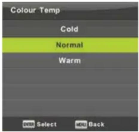 Colour Temp Cold Normal Warm ENTER Select MDU Back