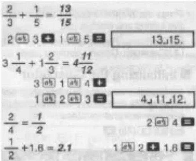 2/3 + 1/5 = 13/15 2 ⓑ 3 ➕ 1 ⓑ 5 ≡ 13.15. 3 1/4 + 1 2/3 = 4 11/12 3 ⓑ 1 ⓑ 4 ➕ 1 ⓑ 2 ⓑ 3 ≡ 4.11.12. 2/4 = 1/2 2 ⓑ 4 ≡ 1/2 + 1.6 = 2.1 1 ⓑ 2 ➕ 1.6 ≡