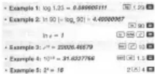 • Example 1: log 1.23 = 0.58990511 • Example 2: ln 90 [= log, 90] = 4.40060067 ln x = 1 • Example 3: x² = 25926.46579 • Example 4: 10¹⁹ = 31.6337756 • Example 5: 2¹ = 16