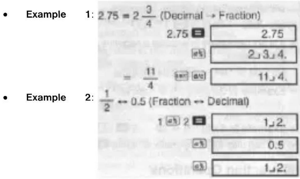 • Example 1: 2.75 = 2 3/4 (Decimal → Fraction) 2.75 = 2.75 2,3,4. = 11/4 = 11,4. • Example 2: 1/2 ← 0.5 (Fraction → Decimal) 1 ÷ 2 = 1,2. ÷ 0.5 ÷ 1,2.