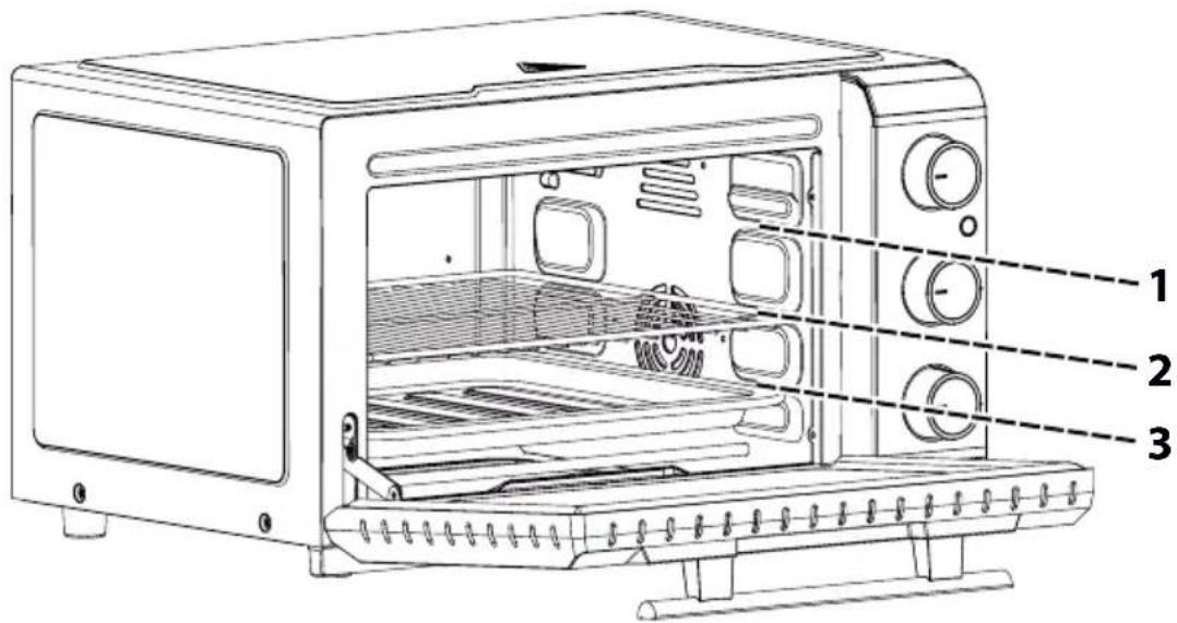 Technical diagram of a microwave oven with labeled parts for identification