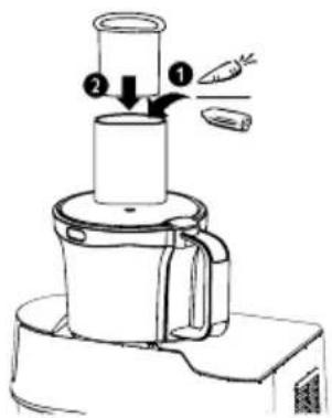 Diagram of a blender with labeled parts showing a drop and two apples on top, likely illustrating a cooking or cleaning process.