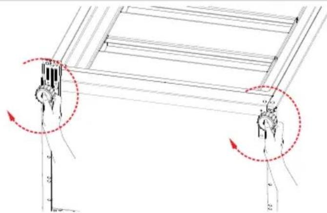 Technical diagram showing hand positioning and rotation of a ladder frame with labeled dimensions and directional arrows
