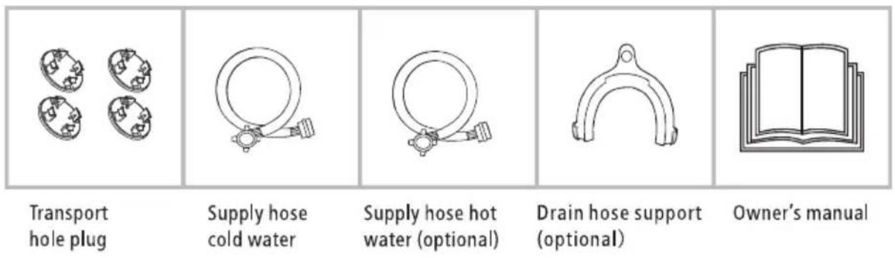 Transport hole plug Supply hose cold water Supply hose hot water (optional) Drain hose support (optional) Owner's manual
