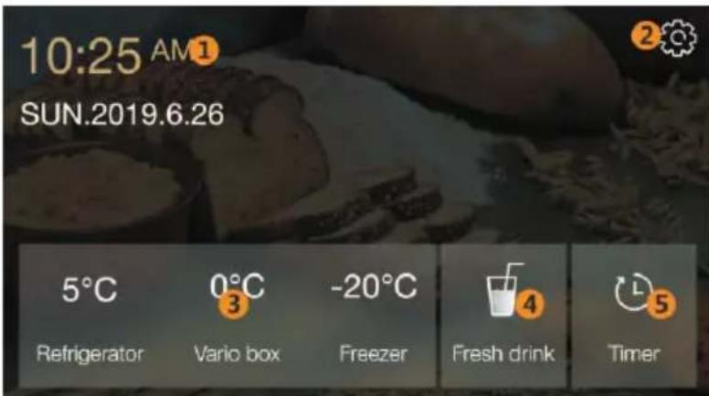 10:25 AM SUN.2019.6.26 5°C Refrigerator 0°C Vario box -20°C Freezer 4 Fresh drink Timer