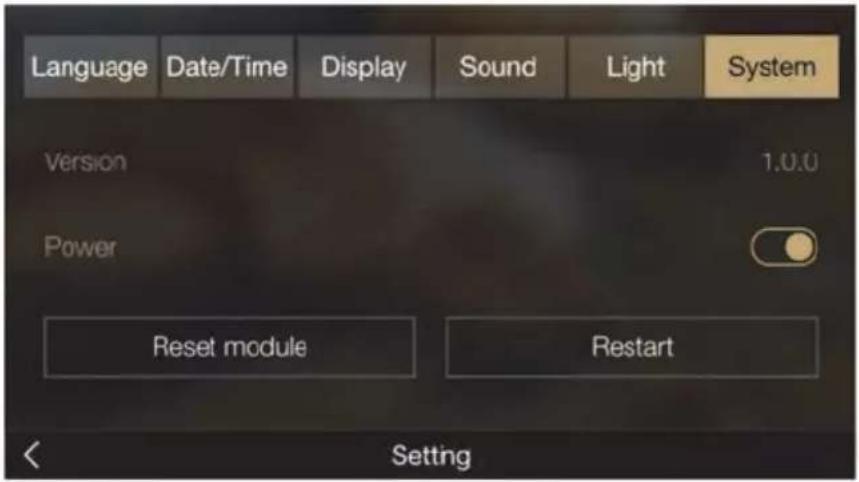 Language Date/Time Display Sound Light System Version 1.0.0 Power Reset module Restart Setting