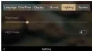 Language Date/Time Display Sound Lighting System Progress Night mode Setting