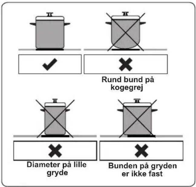 Rund bund på kogegrej Diameter på lille gryde Bunden på gryden er ikke fast