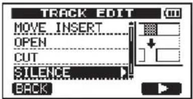 TRACK EDIT MOVE INSERT OPEN CUT SILENCE BACK