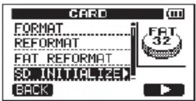 CARD FORMAT REFORMAT FAT REFORMAT SD INITI/LIZE BACK FAT 32