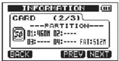 INFORMATION CARD (2/3) ---PARTITION--- 01:460N 02:---- 03:---- 04:---- FAT:512M BACK PREV NEXT