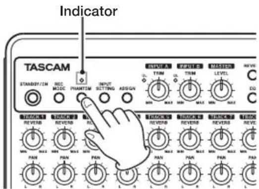 Indicator TASCAM STANDSF/IN REC MODE PHANTOM INPUT SETTING ASSIGN INPUT A TRIM CL TRIM MAX MAX MASS LEVEL MAX MAX OFF REVEB REVEB REVEB REVEB REVEB REVEB REVEB REVEB PAN L R L R L A L A L A L A L A L A L A L A