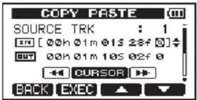 COPY PASTE SOURCE TRK : 1 OUT [00h 01m 01s 28f] 00h 01m 10S 02f 0 CURSOR BACK EXEC