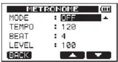 METRONOME MODE : OFF TEMPO : 120 BEAT : 4 LEVEL : 100 BACK