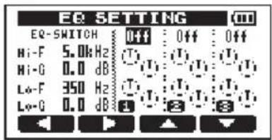EQ SETTING EQ-SWITCH Off Off Off Hi-F 5.0kHz T1 T1 T1 Hi-G 0.0 dB T1 T1 T1 Lo-F 350 Hz T1 T1 T1 Lo-G 0.0 dB 1 2 3