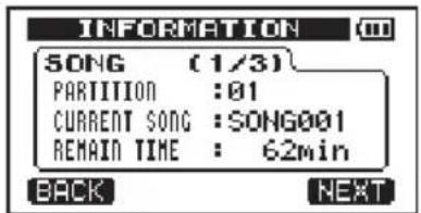 INFORMATION SONG (1/3) PARTITION :01 CURRENT SONG :SONG001 REMAIN TIME : 62min BACK NEXT
