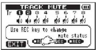 TRACK MUTE Tr 1 2 3 4 5 6 7 8 Use REC key to change mute status EXIT RIO REO REC