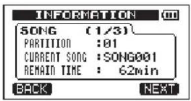 INFORMATION SONG (1/3) PARTITION :01 CURRENT SONG :SONG001 REMAIN TIME : 62min BACK NEXT