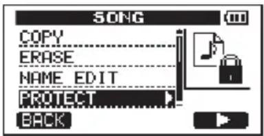 SONG COPY ERASE NAME EDIT PROTECT BACK