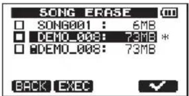 SONG ERASE SONG001 : 6MB DEMO_008: 73MB * DEMO_008: 73MB BACK EXEC