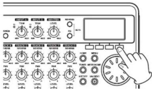 Diagram of a digital audio or control device with labeled knobs, switches, and a hand pointing to a dial.