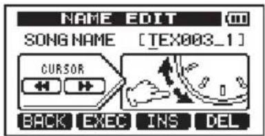 NAME EDIT SONG NAME [TEX003_1] CURSOR BACK EXEC INS DEL