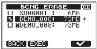 SONG ERASE SONG001 : 6MB DEMO_008: 73MB * DEMO_008: 73MB BACK EXEC