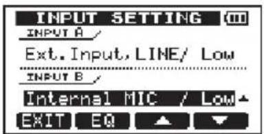 INPUT SETTING INPUT A / Ext.Input, LINE/ Low INPUT B / Internal MIC / Low EXIT EQ