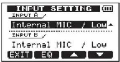 INPUT SETTING INPUT A / Internal MIC / Low INPUT B / Internal MIC / Low EXIT EQ ▲ ▼