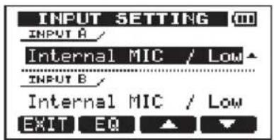 INPUT SETTING INPUT A Internal MIC / Low INPUT B Internal MIC / Low EXIT EQ