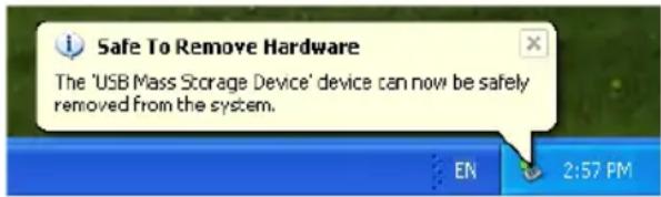 Safe To Remove Hardware The 'USB Mass Storage Device' device can now be safely removed from the system. EN 2:57 PM