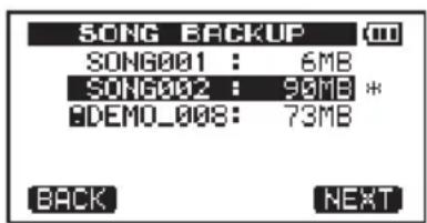 SONG BACKUP SONG001 : 6MB SONG002 : 90MB * #DEMO_008: 73MB BACK NEXT