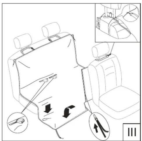 Diagram illustrating car seatbelting instructions with labeled parts and directional arrows