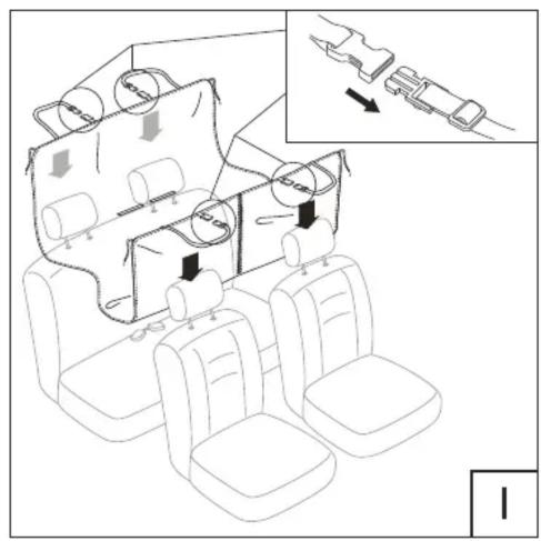 Diagram illustrating seatbelt usage and fastening mechanism, showing left-side insertion of a seatbelt with arrows indicating fastening steps.
