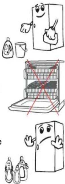 Illustration showing food safety concerns: a refrigerator with a bottle, a washing machine with a tray, and a sad refrigerator with a spoon.