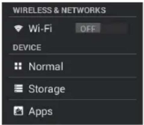 WIRELESS & NETWORKS Wi-Fi OFF DEVICE Normal Storage Apps