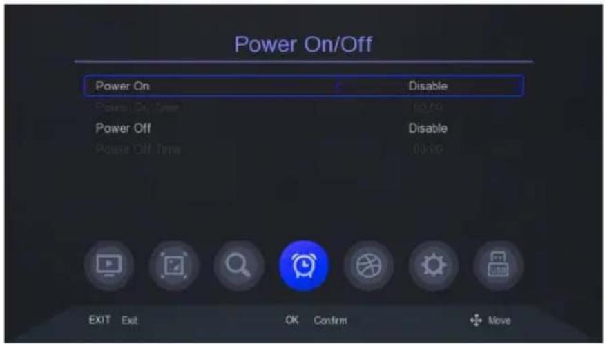 Power On/Off Power On Disable Power Off Disable Power Off Time 00:00 EXIT Exit OK Confirm Move
