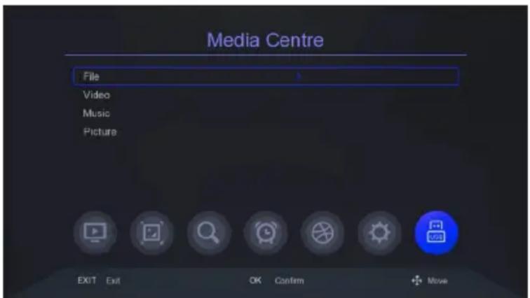 Media Centre File Video Music Picture EXIT Exit OK Confirm + Move